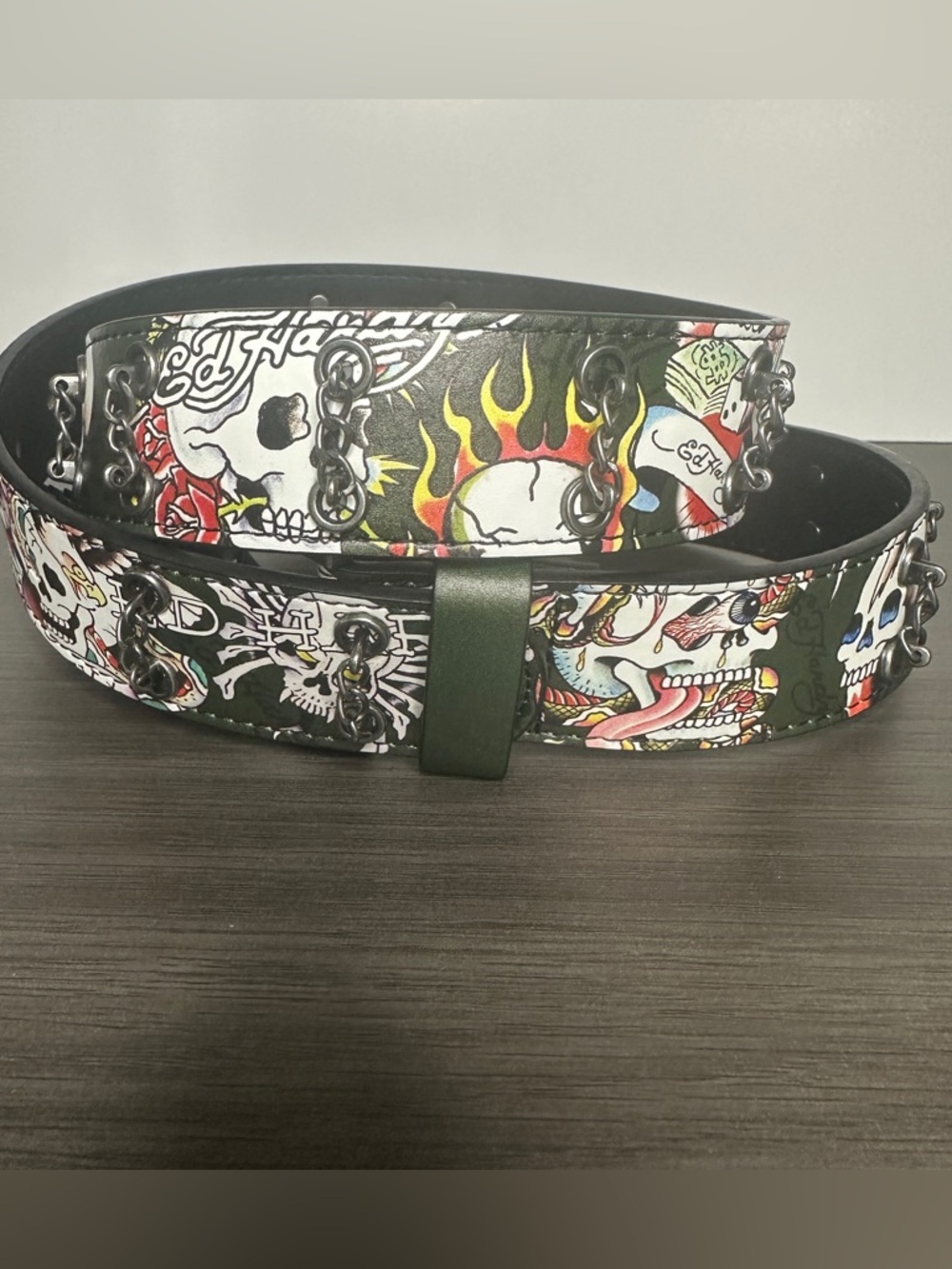 Ed Hardy belt olive, Multi Skulls, with Metal Grommets linked chains size 36